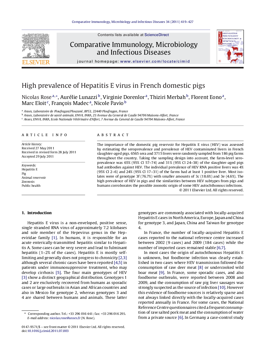 High prevalence of Hepatitis E virus in French domestic pigs