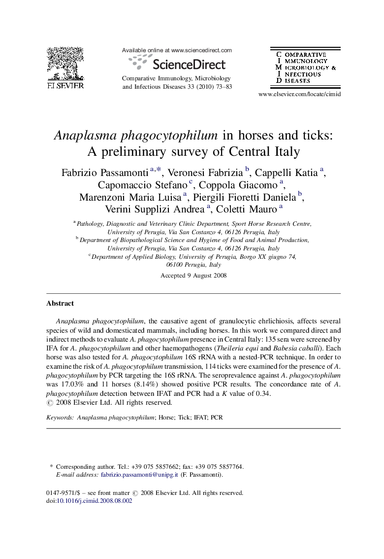 Anaplasma phagocytophilum in horses and ticks: A preliminary survey of Central Italy