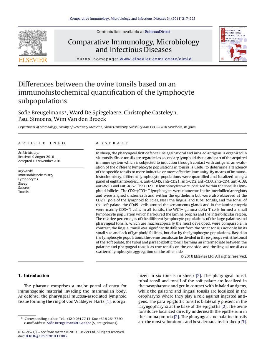 Differences between the ovine tonsils based on an immunohistochemical quantification of the lymphocyte subpopulations