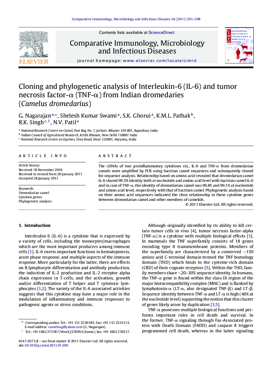 Cloning and phylogenetic analysis of Interleukin-6 (IL-6) and tumor necrosis factor-α (TNF-α) from Indian dromedaries (Camelus dromedarius)