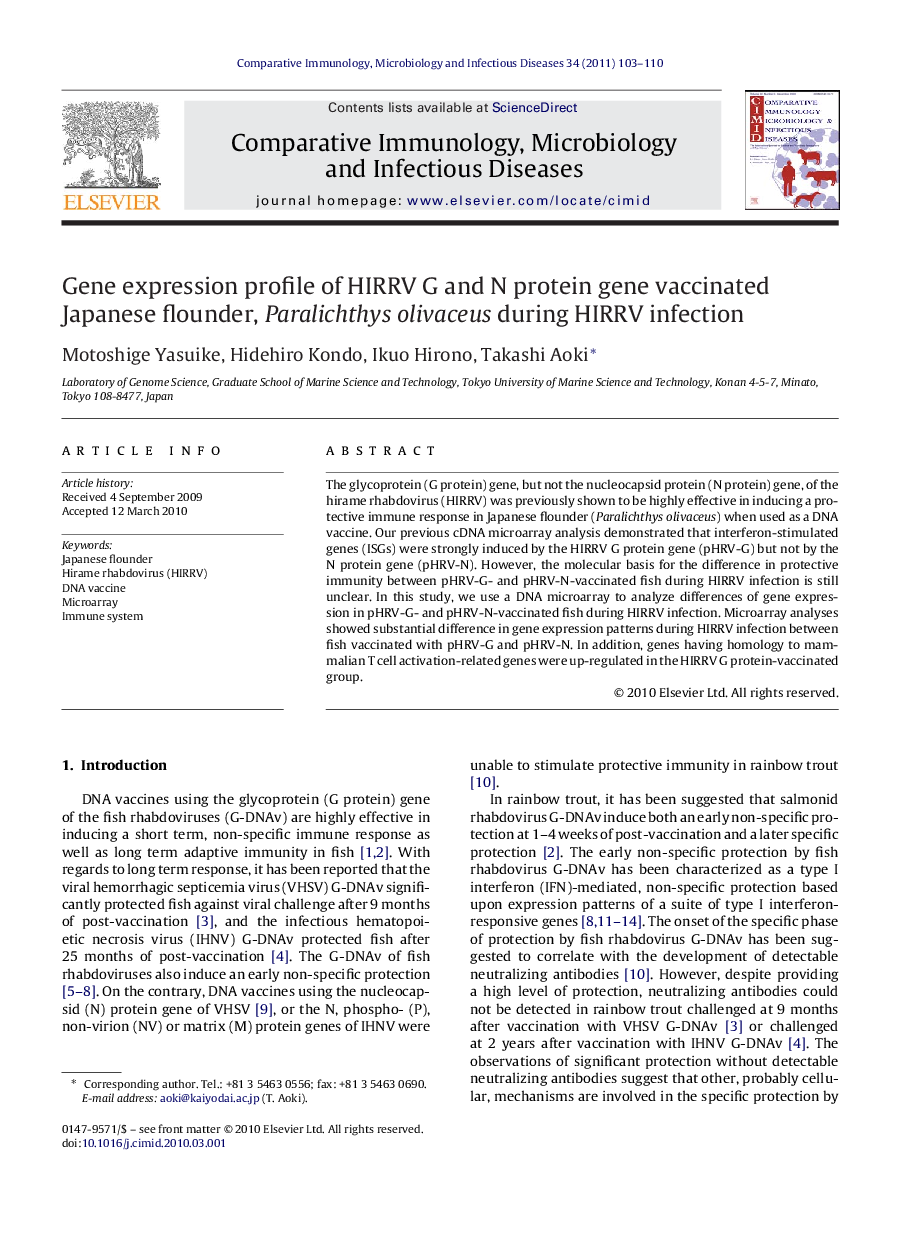 Gene expression profile of HIRRV G and N protein gene vaccinated Japanese flounder, Paralichthys olivaceus during HIRRV infection