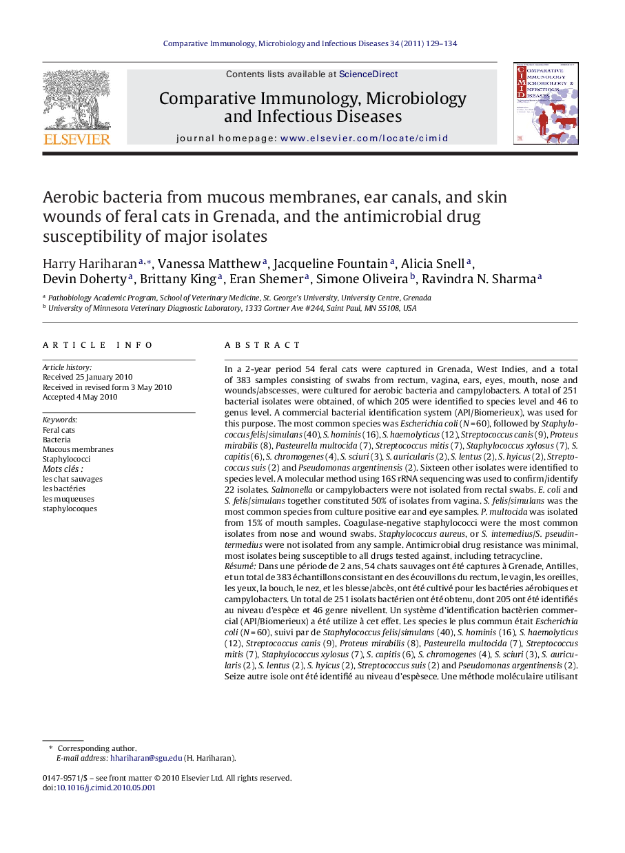 Aerobic bacteria from mucous membranes, ear canals, and skin wounds of feral cats in Grenada, and the antimicrobial drug susceptibility of major isolates