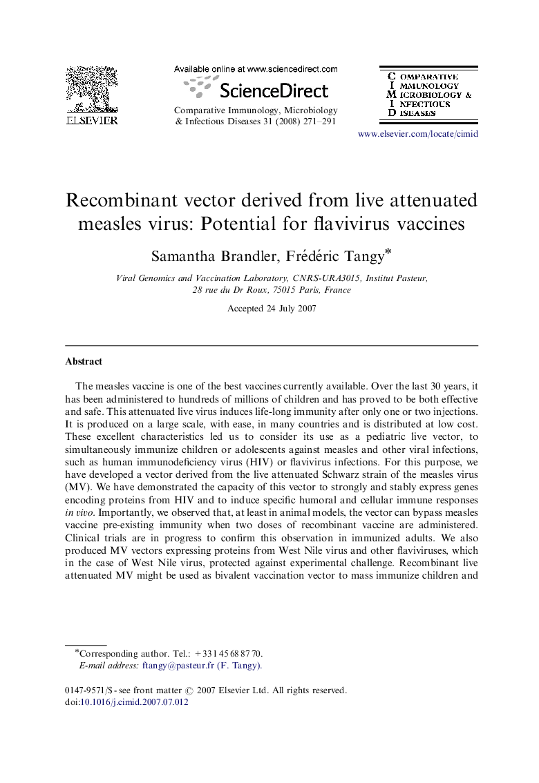 Recombinant vector derived from live attenuated measles virus: Potential for flavivirus vaccines