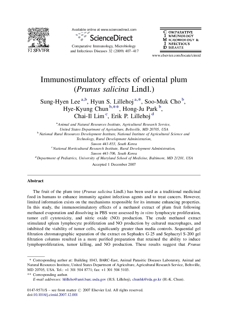 Immunostimulatory effects of oriental plum (Prunus salicina Lindl.)