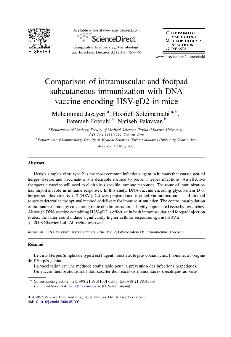 Comparison of intramuscular and footpad subcutaneous immunization with DNA vaccine encoding HSV-gD2 in mice