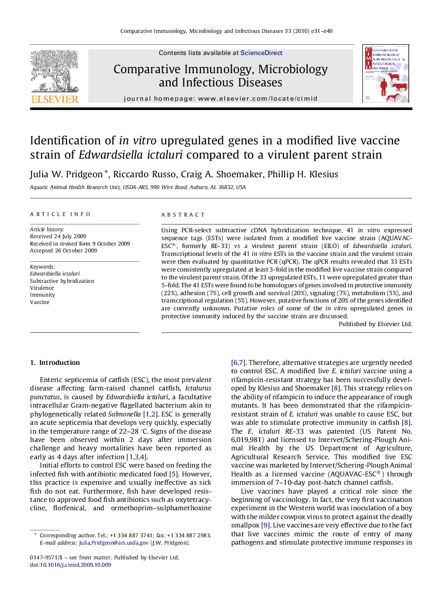 Identification of in vitro upregulated genes in a modified live vaccine strain of Edwardsiella ictaluri compared to a virulent parent strain