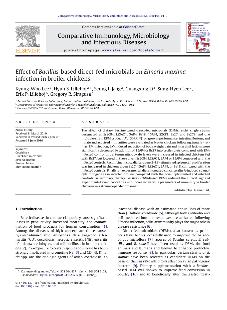 Effect of Bacillus-based direct-fed microbials on Eimeria maxima infection in broiler chickens