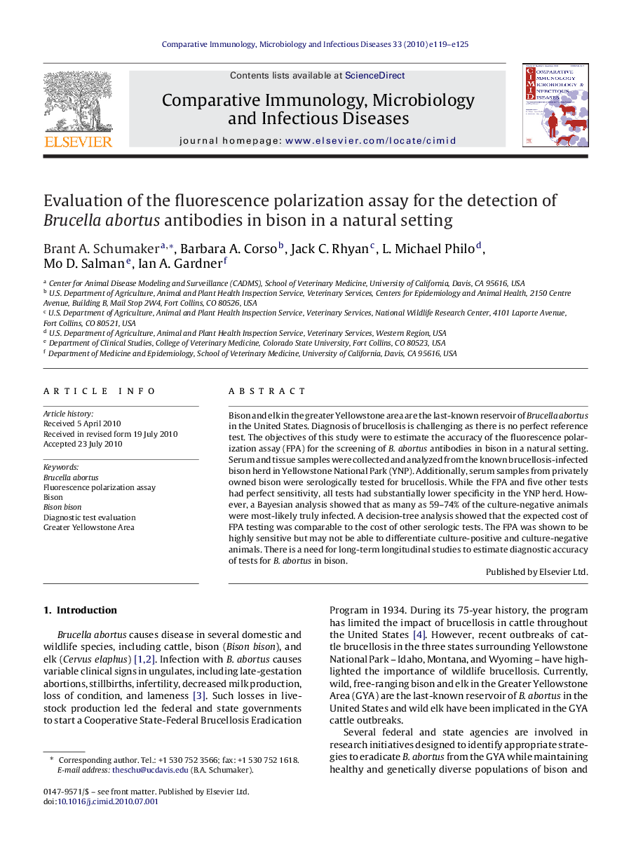 Evaluation of the fluorescence polarization assay for the detection of Brucella abortus antibodies in bison in a natural setting