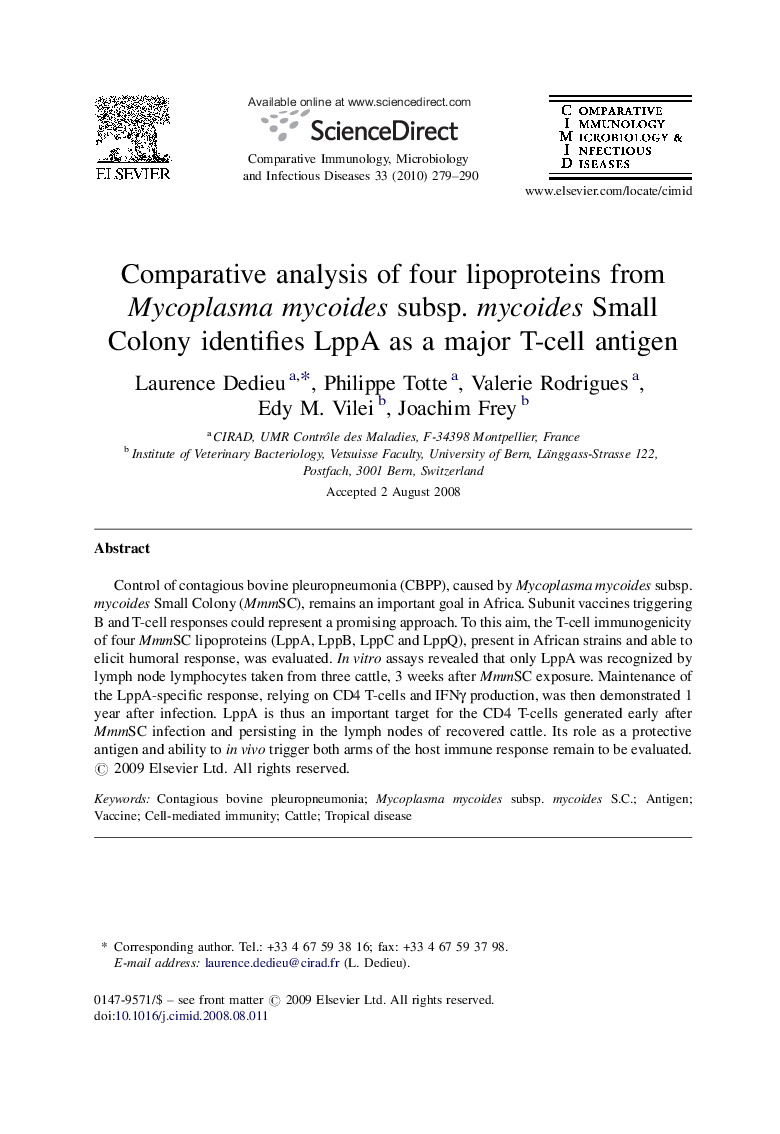 Comparative analysis of four lipoproteins from Mycoplasma mycoides subsp. mycoides Small Colony identifies LppA as a major T-cell antigen