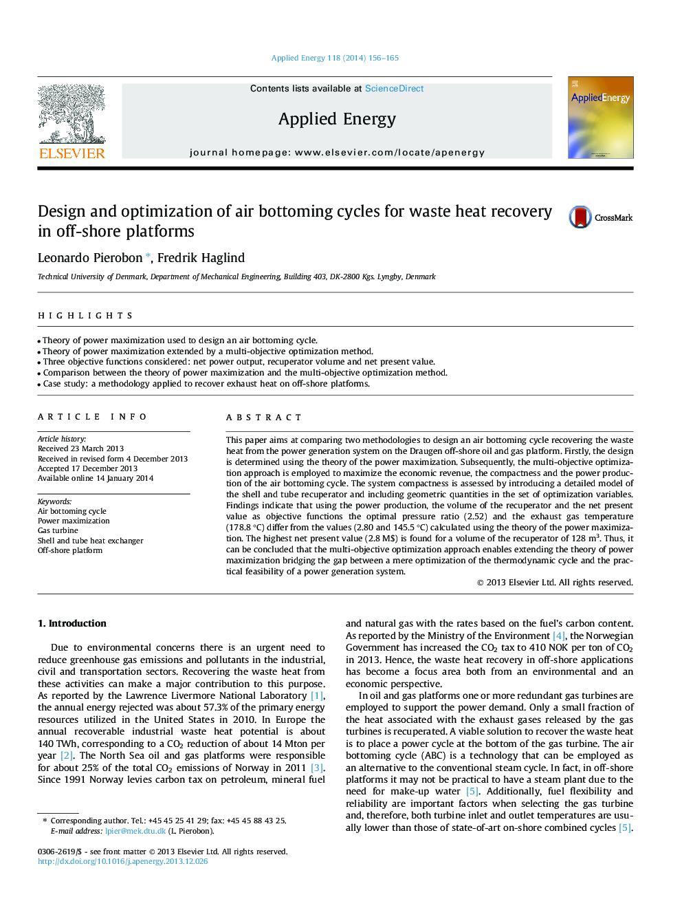 Design and optimization of air bottoming cycles for waste heat recovery in off-shore platforms