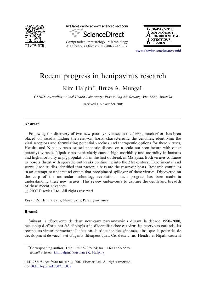 Recent progress in henipavirus research