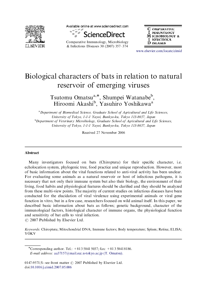 Biological characters of bats in relation to natural reservoir of emerging viruses