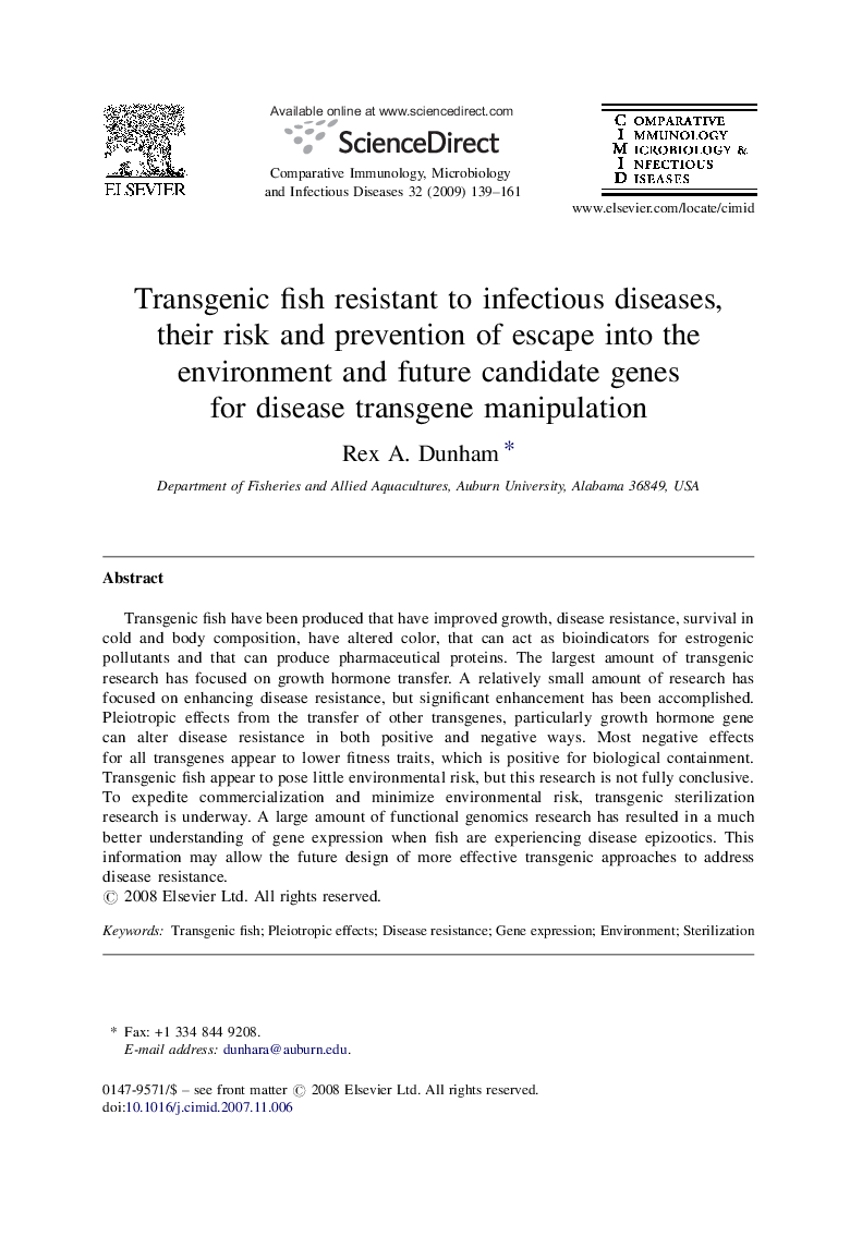 Transgenic fish resistant to infectious diseases, their risk and prevention of escape into the environment and future candidate genes for disease transgene manipulation