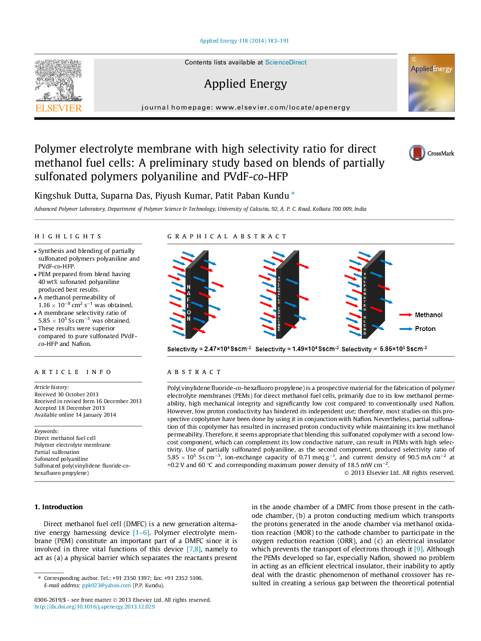 Polymer electrolyte membrane with high selectivity ratio for direct methanol fuel cells: A preliminary study based on blends of partially sulfonated polymers polyaniline and PVdF-co-HFP