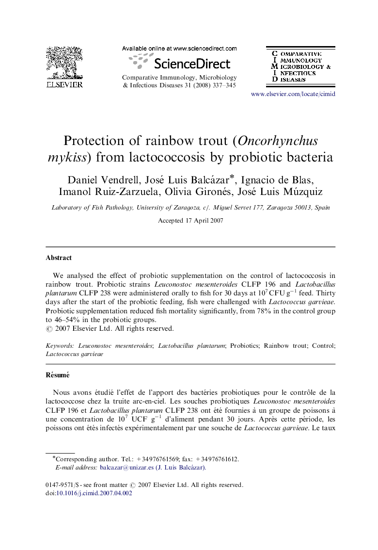 Protection of rainbow trout (Oncorhynchus mykiss) from lactococcosis by probiotic bacteria