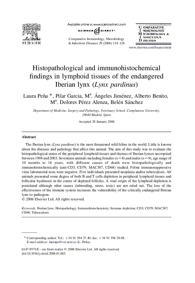 Histopathological and immunohistochemical findings in lymphoid tissues of the endangered Iberian lynx (Lynx pardinus)