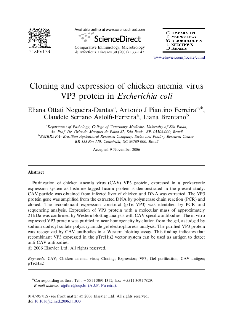 Cloning and expression of chicken anemia virus VP3 protein in Escherichia coli