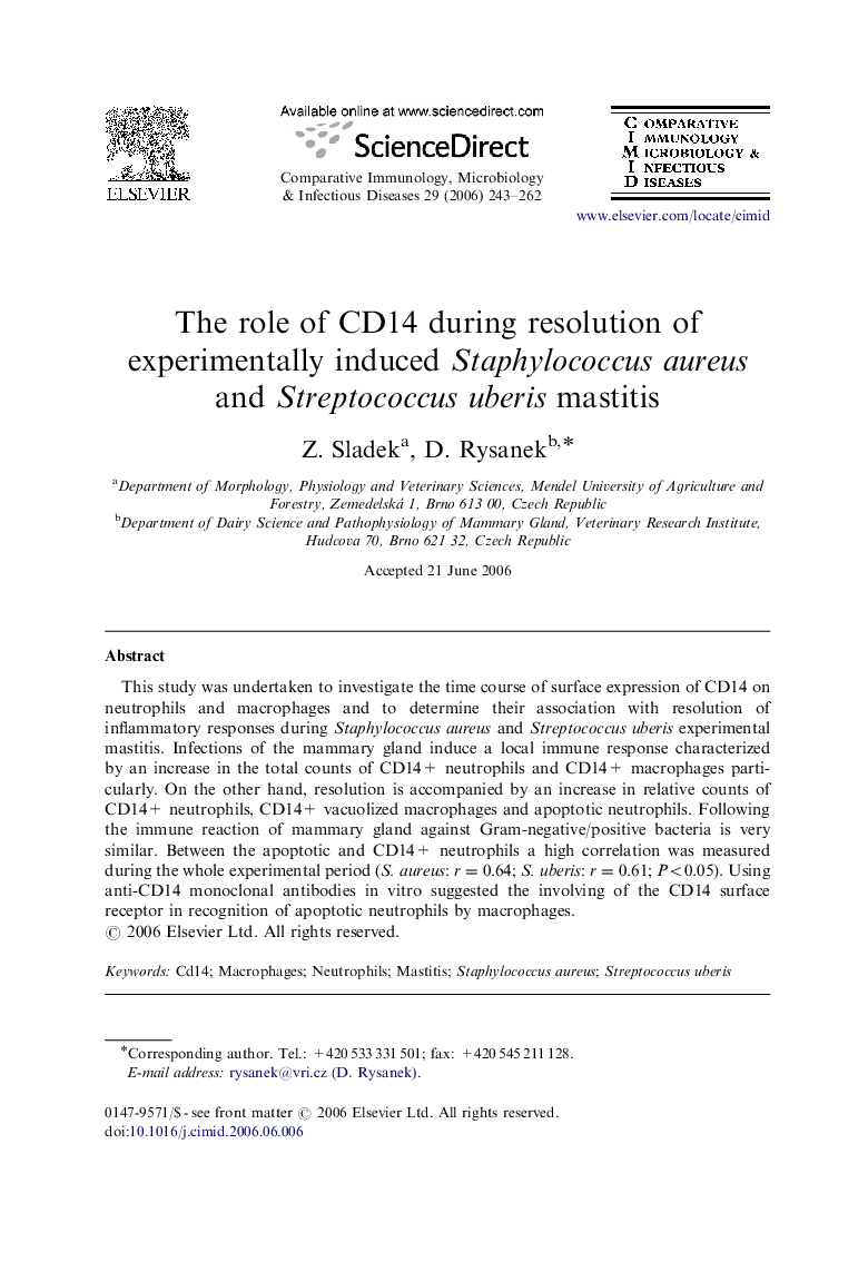 The role of CD14 during resolution of experimentally induced Staphylococcus aureus and Streptococcus uberis mastitis