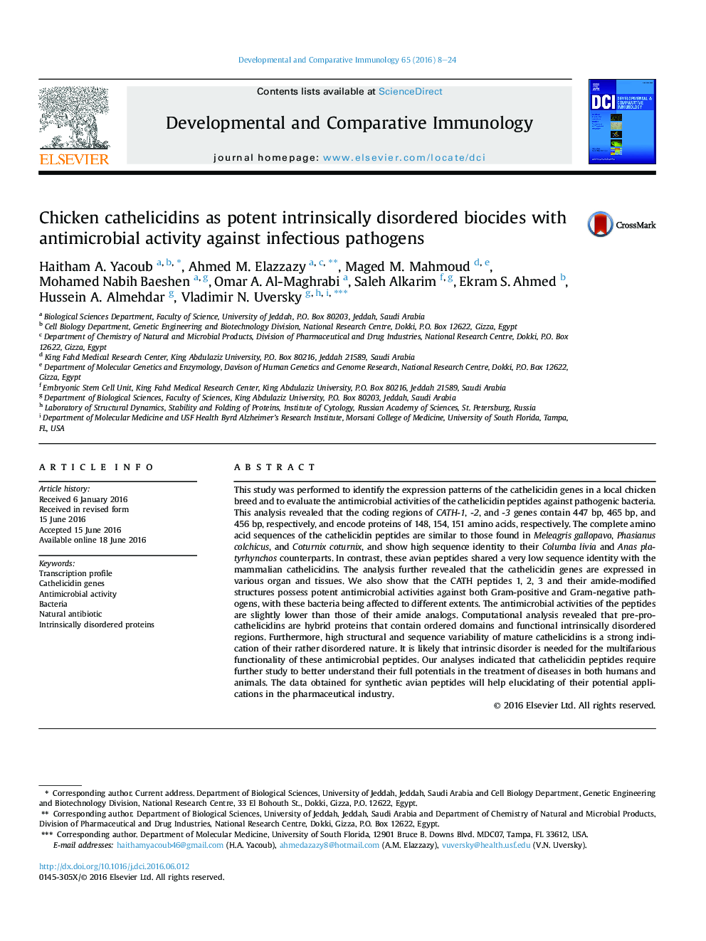 Chicken cathelicidins as potent intrinsically disordered biocides with antimicrobial activity against infectious pathogens