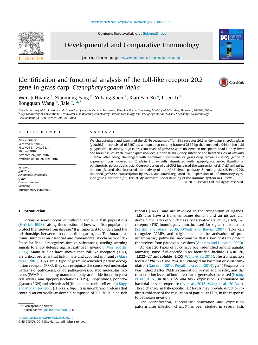 Identification and functional analysis of the toll-like receptor 20.2 gene in grass carp, Ctenopharyngodon idella