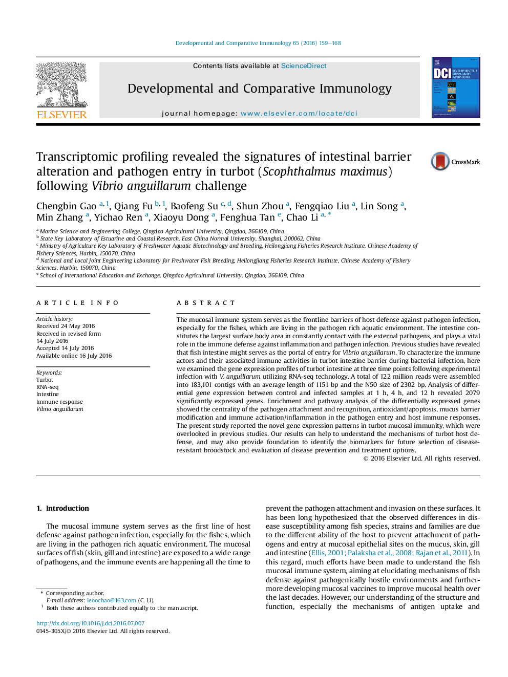 Transcriptomic profiling revealed the signatures of intestinal barrier alteration and pathogen entry in turbot (Scophthalmus maximus) following Vibrio anguillarum challenge