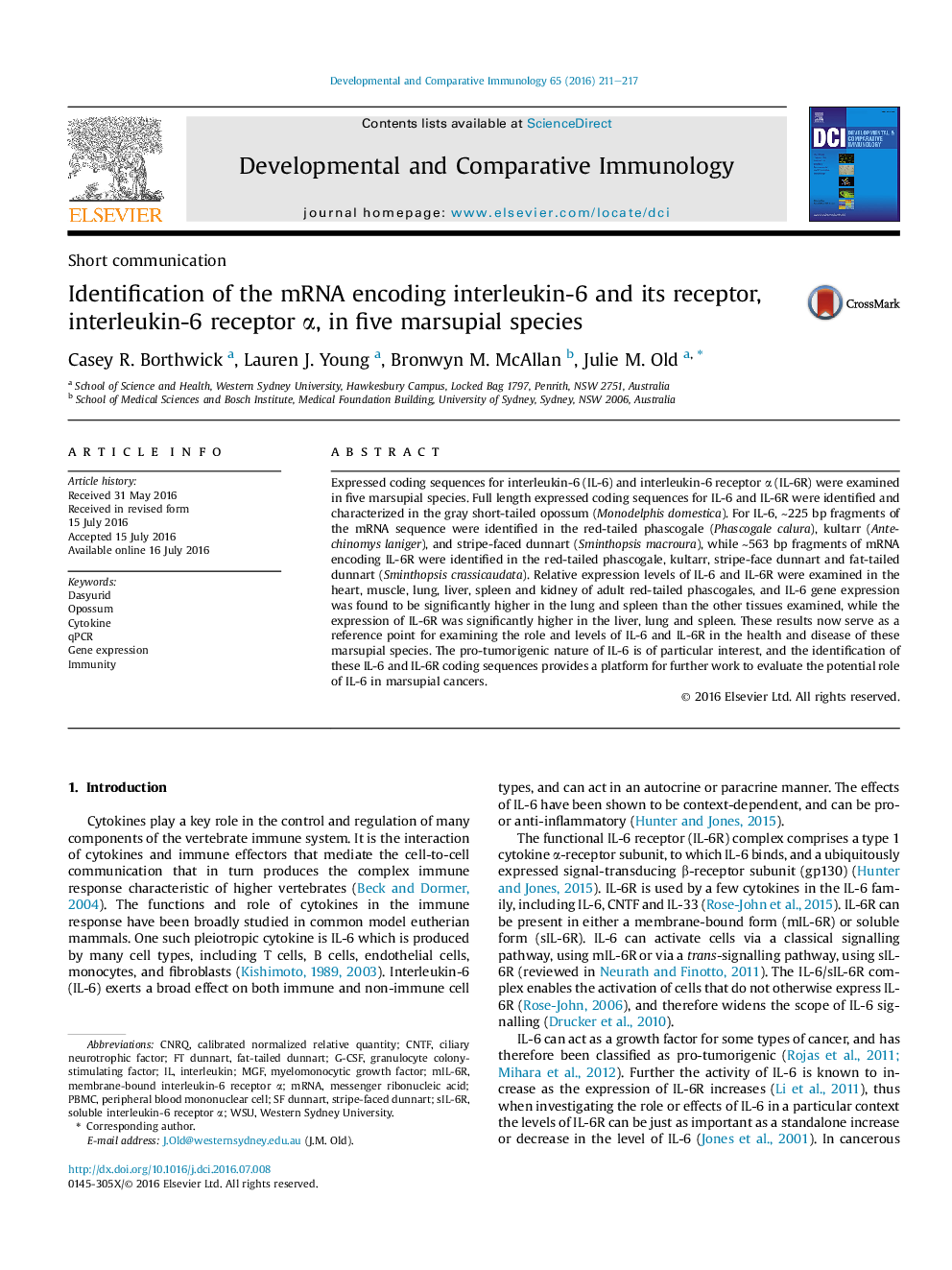 Identification of the mRNA encoding interleukin-6 and its receptor, interleukin-6 receptor Î±, in five marsupial species