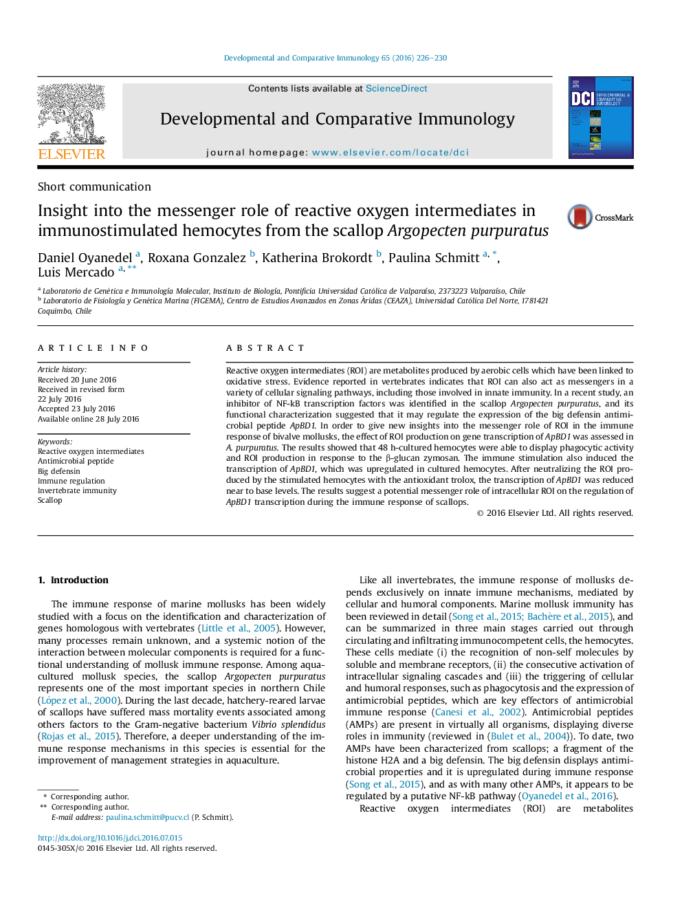 نگاهی به نقش پیام رسان واسطه های اکسیژن واکنشی در hemocytes immunostimulated از Argopecten purpuratus گوش ماهی 