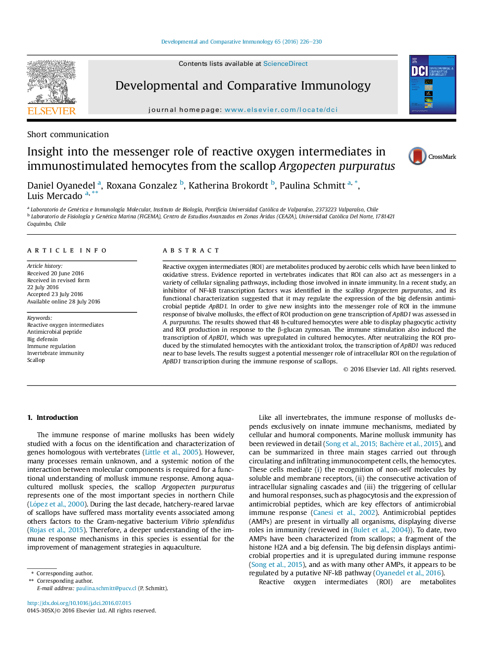 Insight into the messenger role of reactive oxygen intermediates in immunostimulated hemocytes from the scallop Argopecten purpuratus