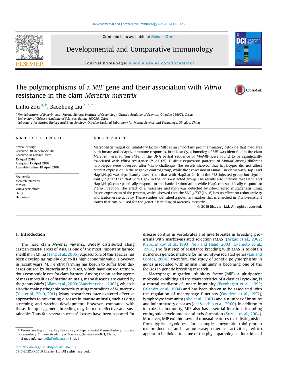 The polymorphisms of a MIF gene and their association with Vibrio resistance in the clam Meretrix meretrix