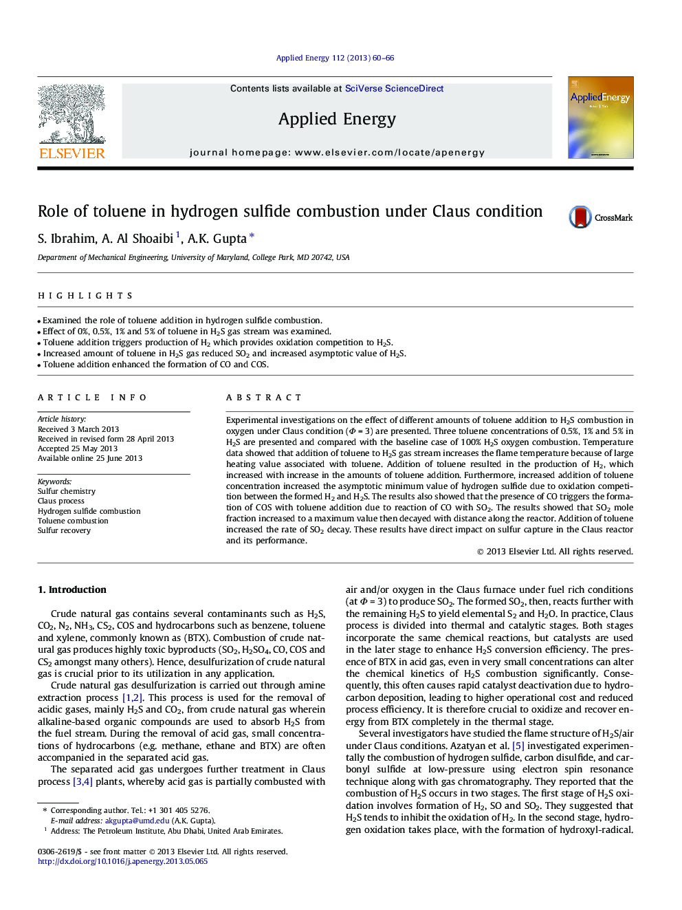 Role of toluene in hydrogen sulfide combustion under Claus condition