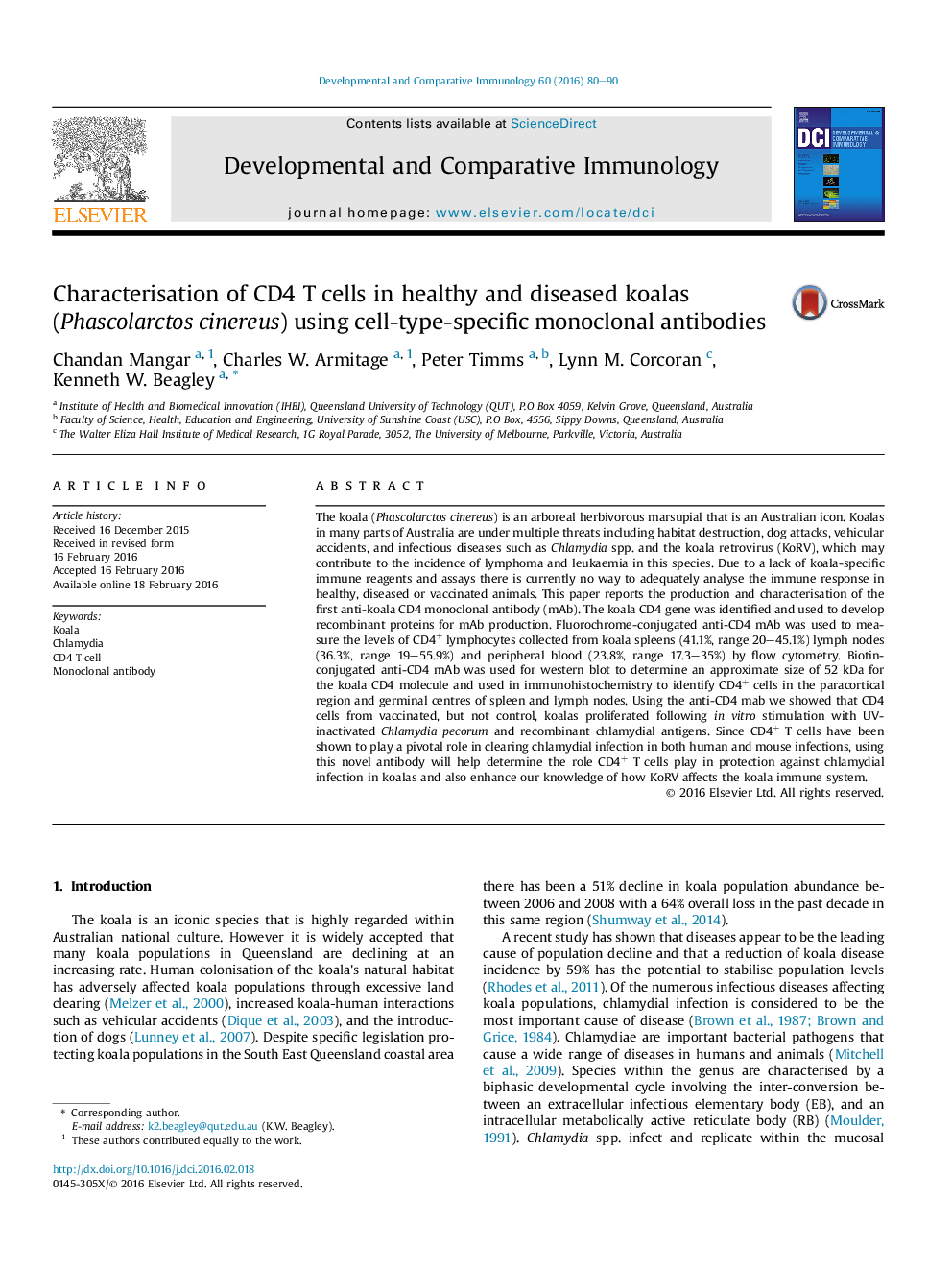 Characterisation of CD4 T cells in healthy and diseased koalas (Phascolarctos cinereus) using cell-type-specific monoclonal antibodies