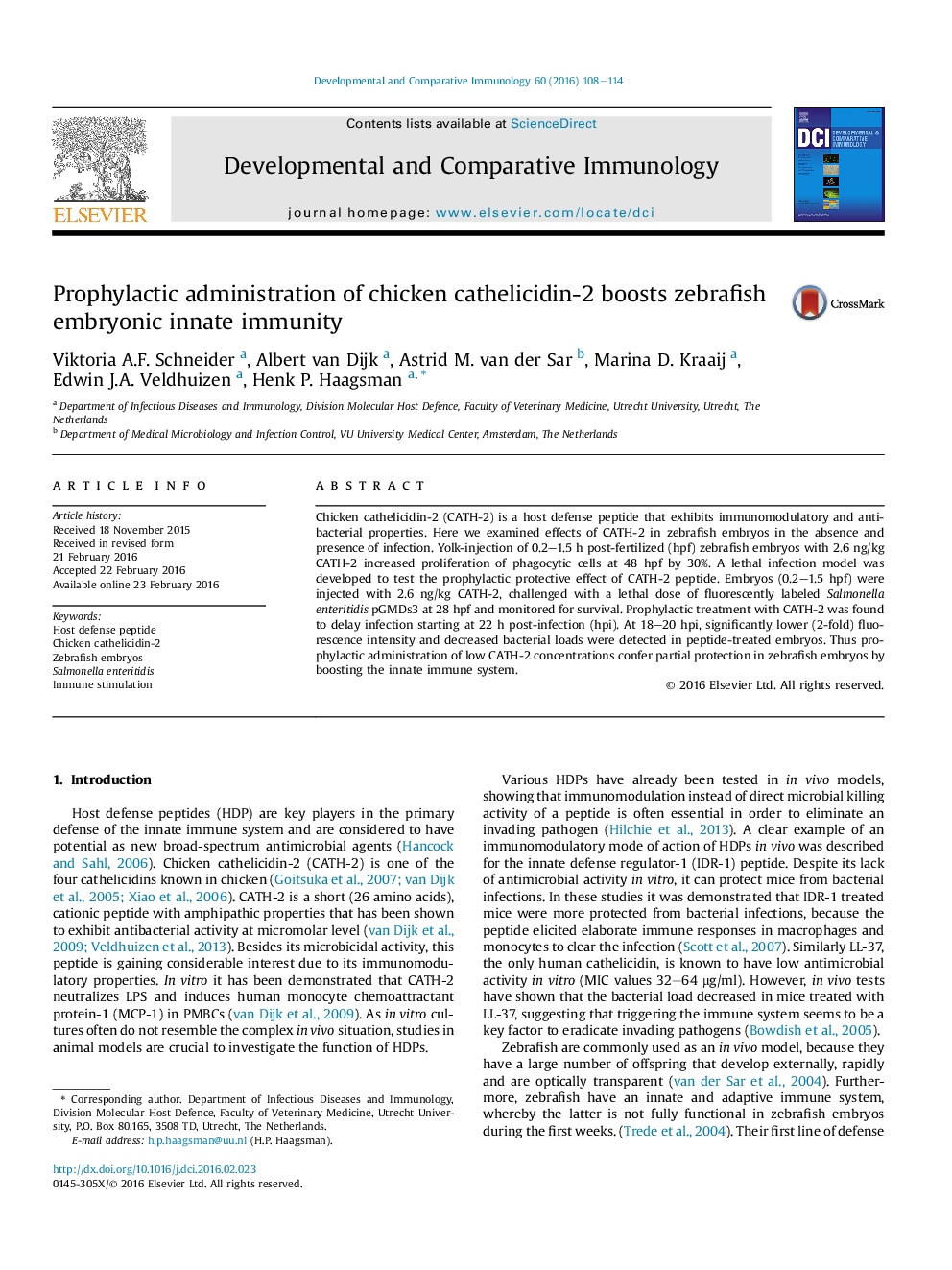 Prophylactic administration of chicken cathelicidin-2 boosts zebrafish embryonic innate immunity