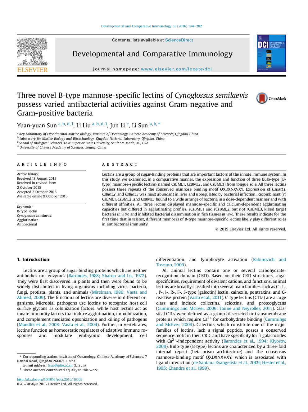 Three novel B-type mannose-specific lectins of Cynoglossus semilaevis possess varied antibacterial activities against Gram-negative and Gram-positive bacteria