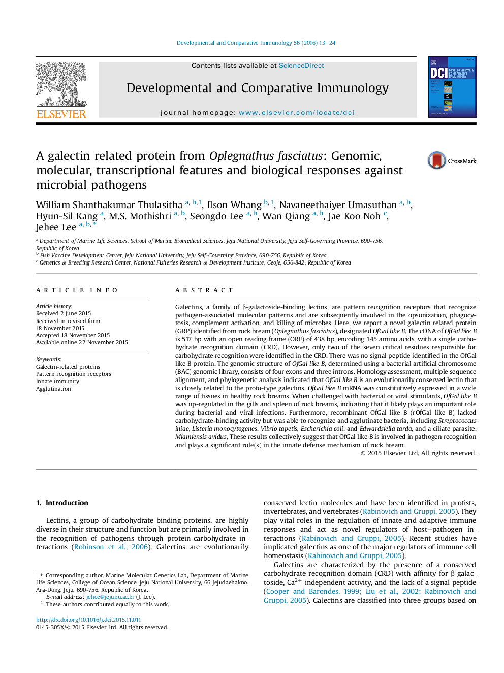 A galectin related protein from Oplegnathus fasciatus: Genomic, molecular, transcriptional features and biological responses against microbial pathogens