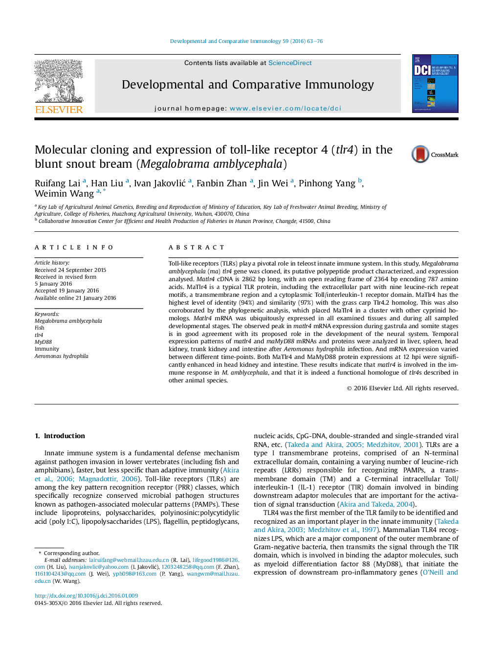 Molecular cloning and expression of toll-like receptor 4 (tlr4) in the blunt snout bream (Megalobrama amblycephala)