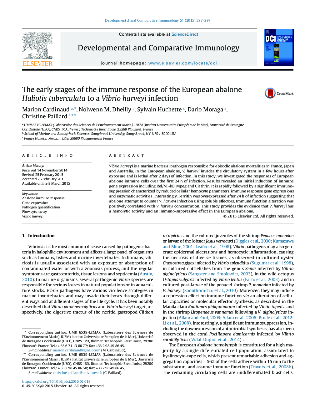 The early stages of the immune response of the European abalone Haliotis tuberculata to a Vibrio harveyi infection