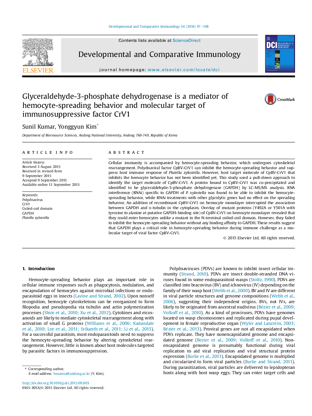 Glyceraldehyde-3-phosphate dehydrogenase is a mediator of hemocyte-spreading behavior and molecular target of immunosuppressive factor CrV1