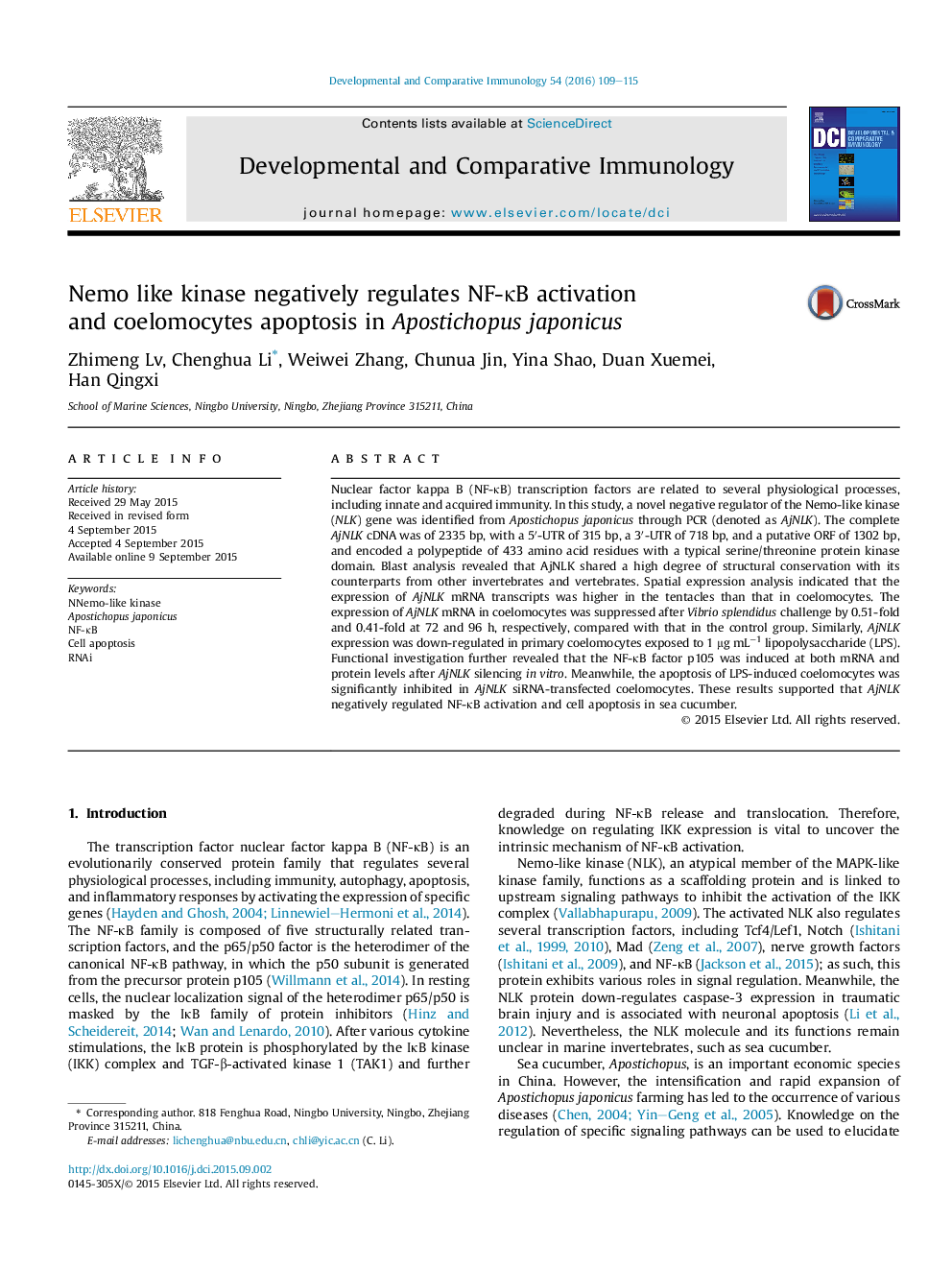 Nemo like kinase negatively regulates NF-κB activation and coelomocytes apoptosis in Apostichopus japonicus