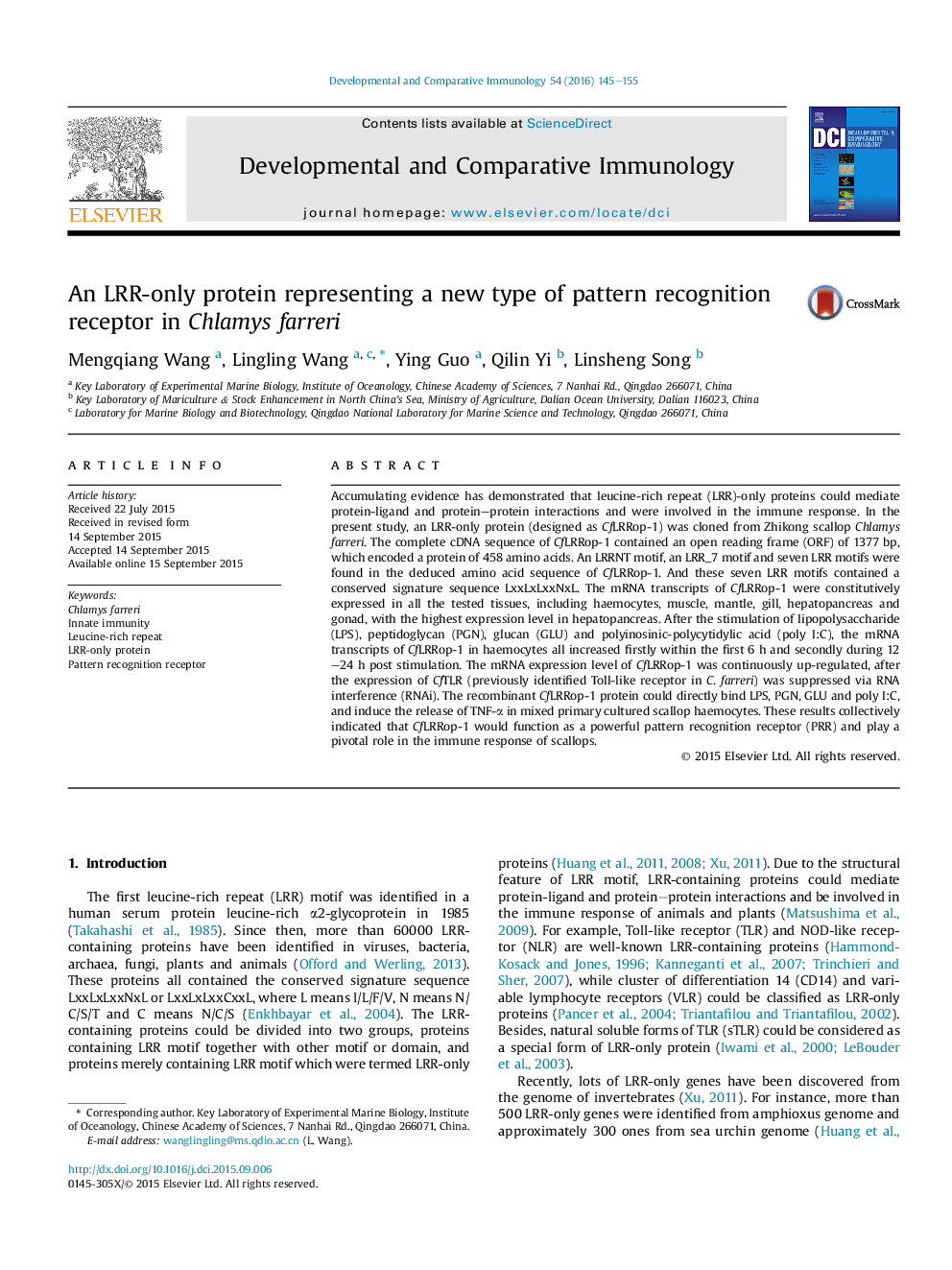 An LRR-only protein representing a new type of pattern recognition receptor in Chlamys farreri