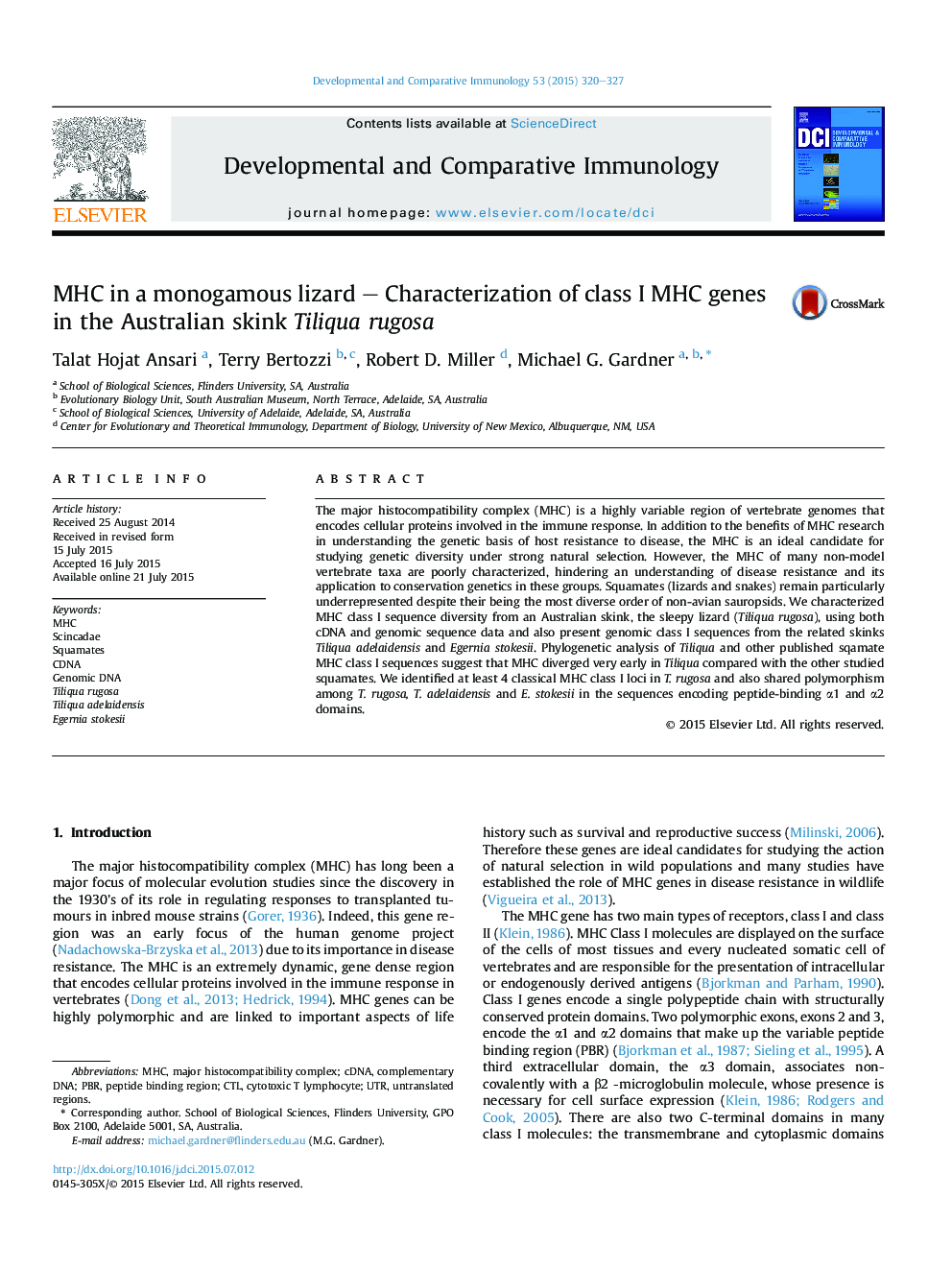MHC in a monogamous lizard – Characterization of class I MHC genes in the Australian skink Tiliqua rugosa