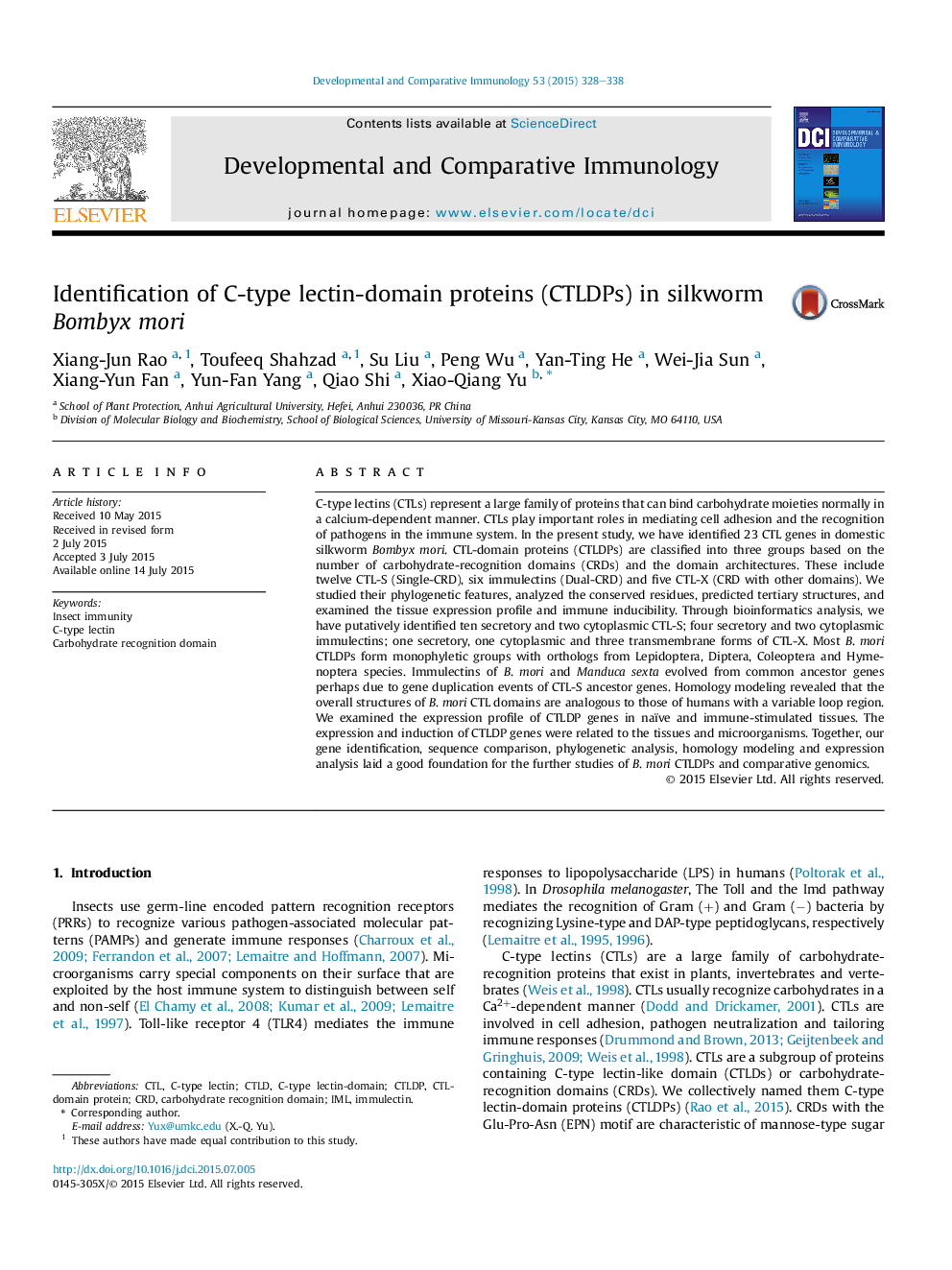 Identification of C-type lectin-domain proteins (CTLDPs) in silkworm Bombyx mori