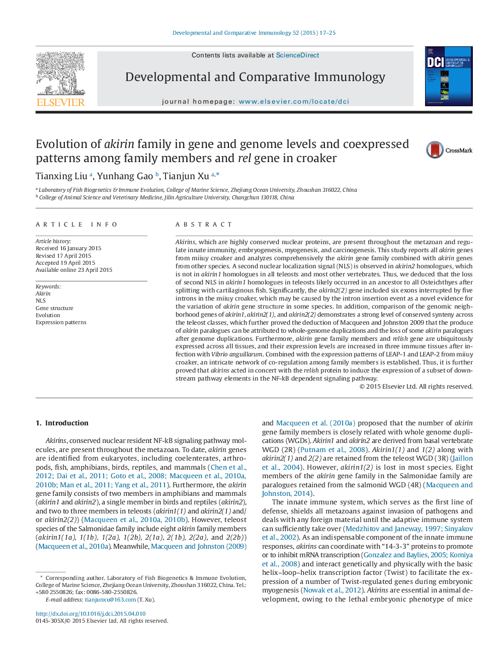 Evolution of akirin family in gene and genome levels and coexpressed patterns among family members and rel gene in croaker