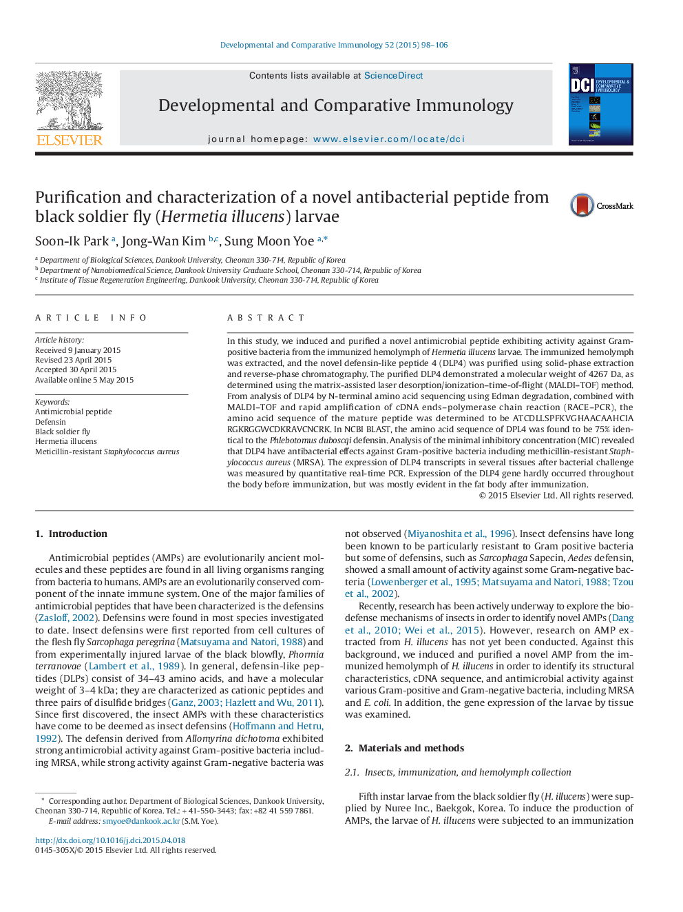 Purification and characterization of a novel antibacterial peptide from black soldier fly (Hermetia illucens) larvae