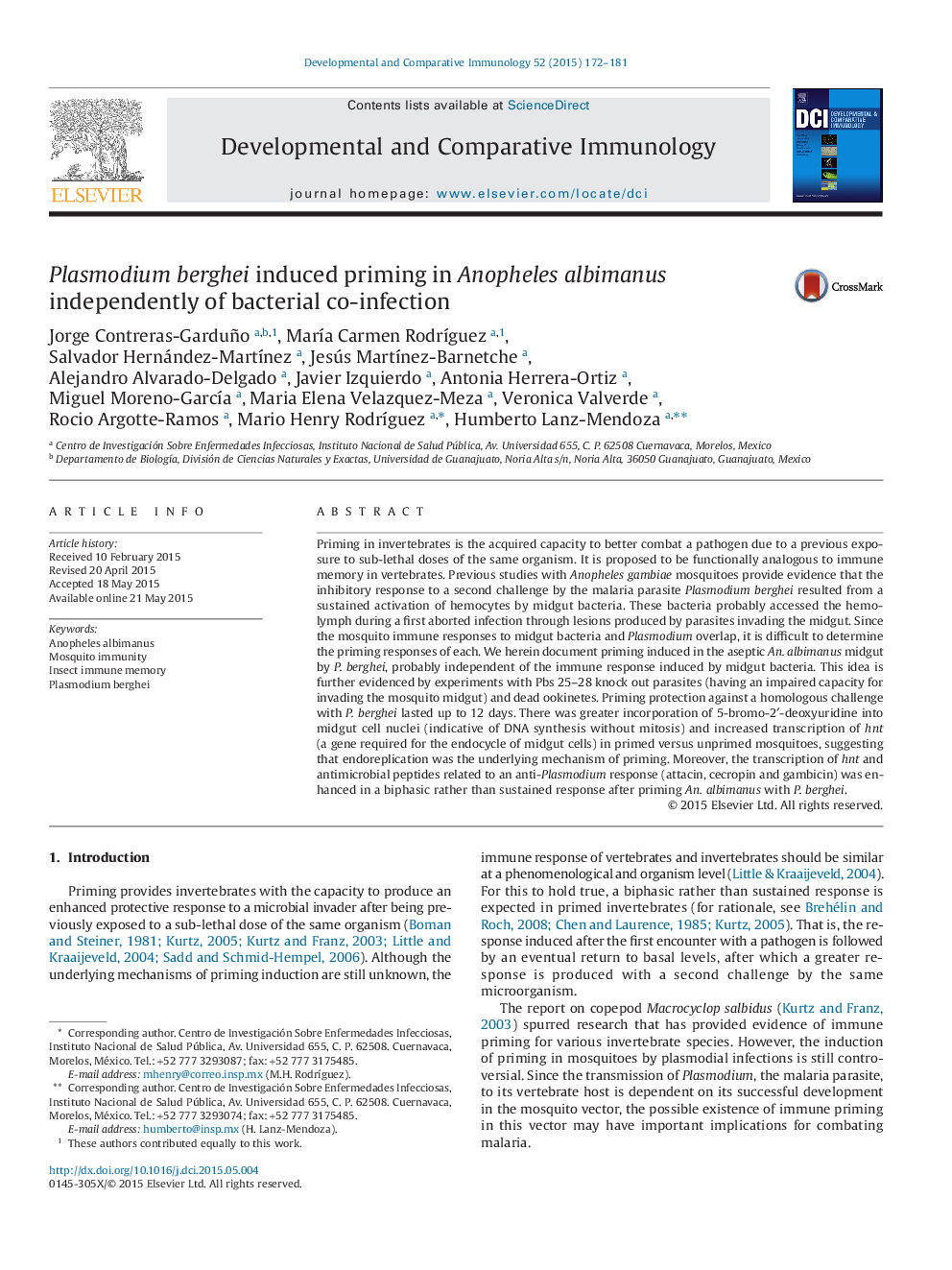 Plasmodium berghei induced priming in Anopheles albimanus independently of bacterial co-infection