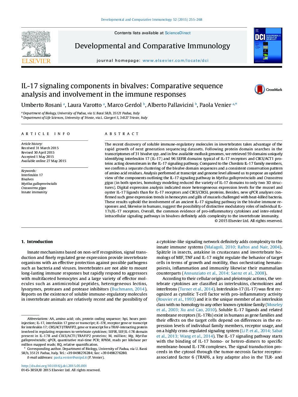 IL-17 signaling components in bivalves: Comparative sequence analysis and involvement in the immune responses