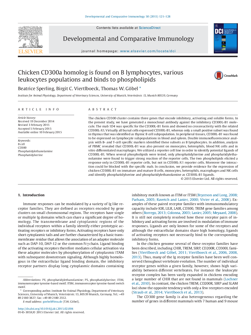 Chicken CD300a homolog is found on B lymphocytes, various leukocytes populations and binds to phospholipids