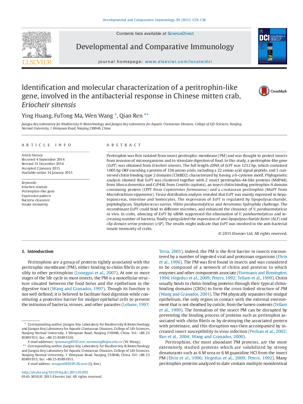 Identification and molecular characterization of a peritrophin-like gene, involved in the antibacterial response in Chinese mitten crab, Eriocheir sinensis