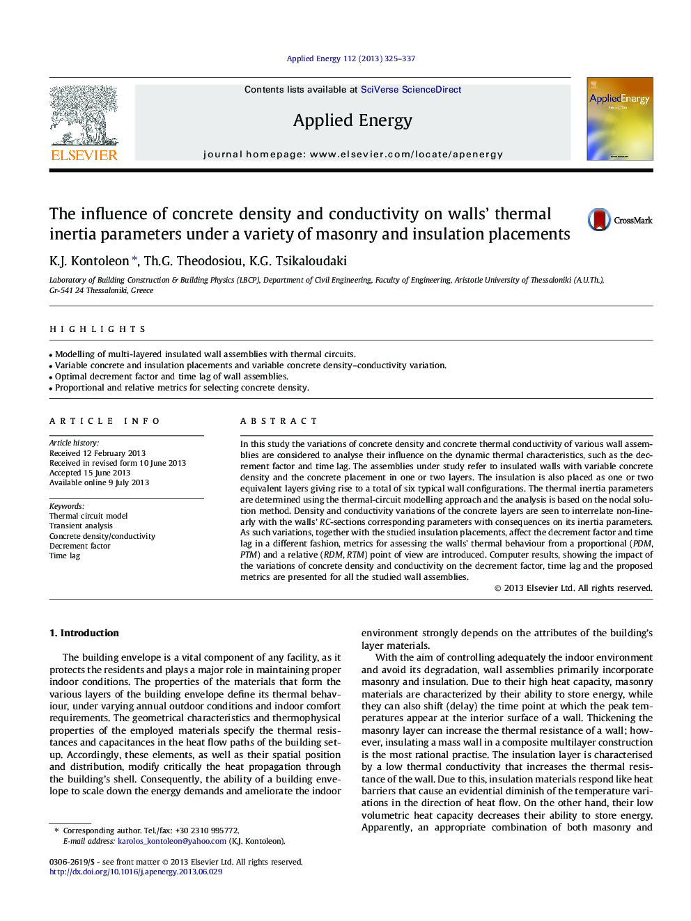 The influence of concrete density and conductivity on walls’ thermal inertia parameters under a variety of masonry and insulation placements
