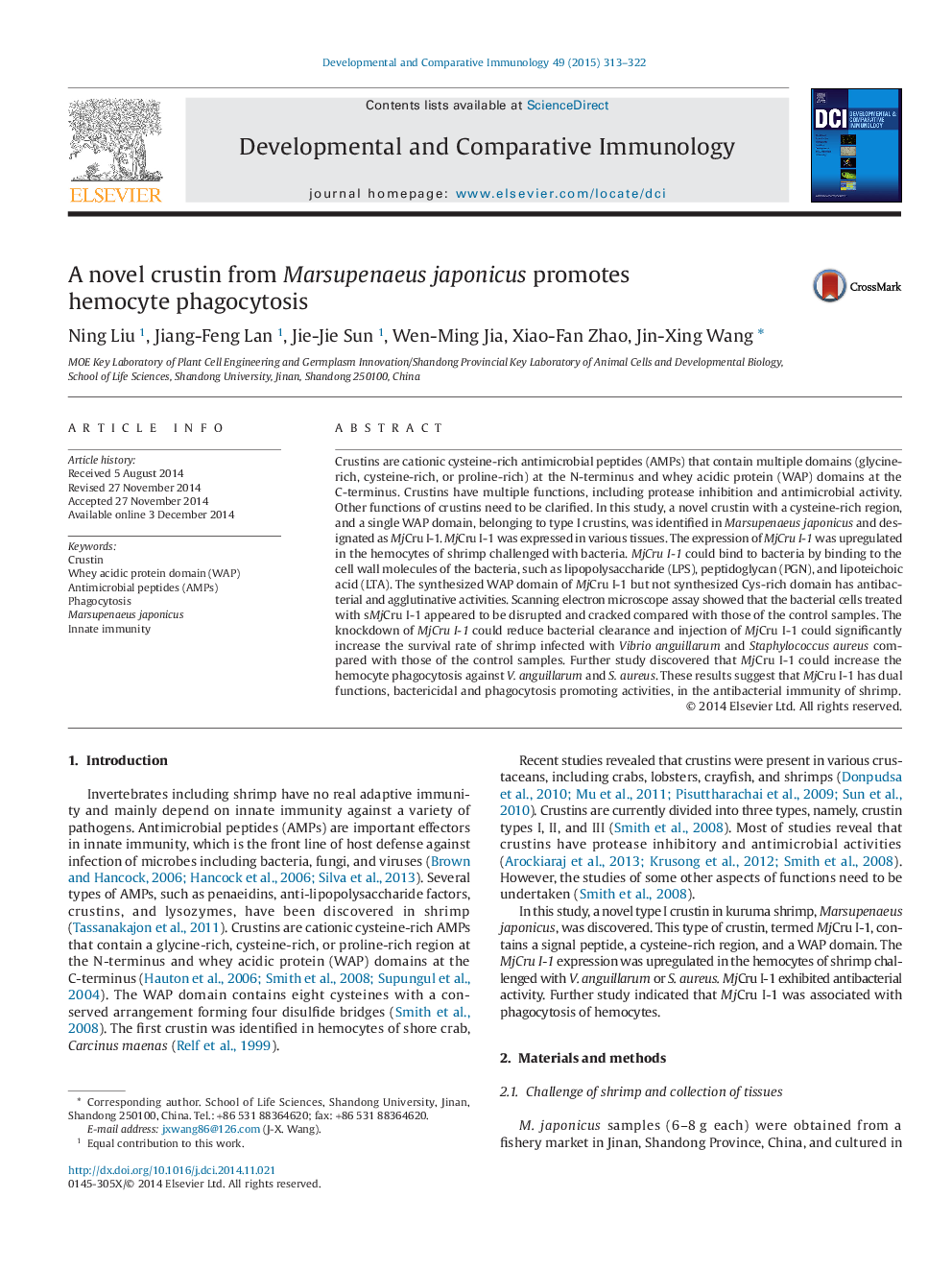 A novel crustin from Marsupenaeus japonicus promotes hemocyte phagocytosis