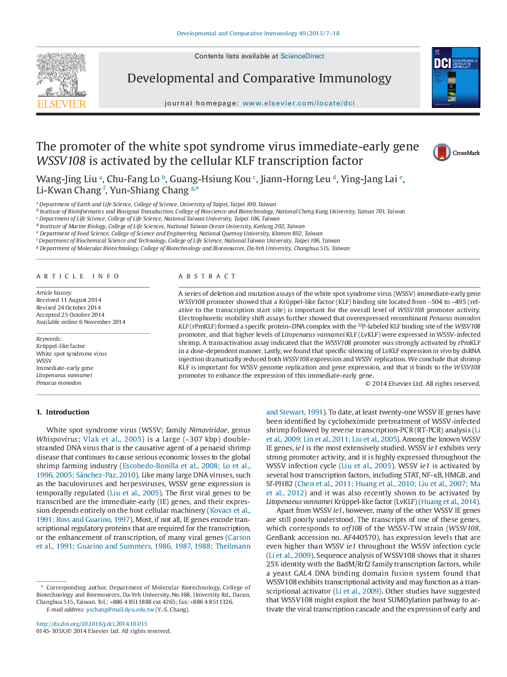 The promoter of the white spot syndrome virus immediate-early gene WSSV108 is activated by the cellular KLF transcription factor